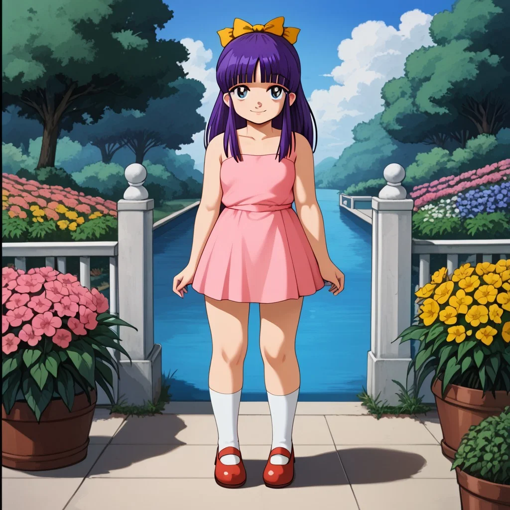retro artstyle, 1980s (style), 1girl, solo, Uchiyama_Aki_vol_III, blue eyes, purple hair, bangs, blunt bangs, long hair, bow, yellow bow, hair bow, sleeveless, dress, pink dress, bare shoulders, skirt, socks, white socks, shoes, red shoes, smile, full body, standing, flower garden, front view