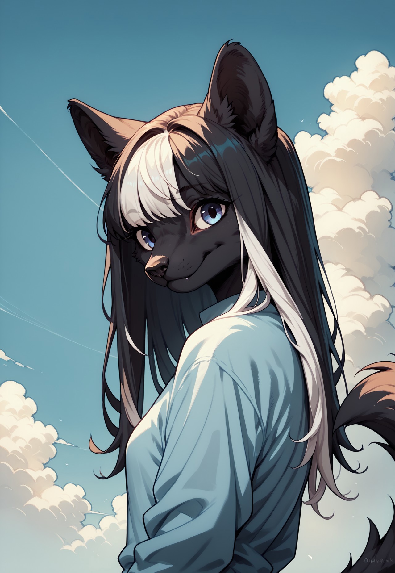 safe_pos, score_9, score_8_up, score_7_up, score_6_up, score_5_up, score_4_up, rating_safe, end_fl4t, 1girl, solo, long hair, white hair, multicolored hair, furry, black hair, furry female, two-tone hair, long sleeve shirt, tail, animal ears, smile, looking at viewer, closed mouth, sky, blue sky, upper body, black fur, bangs, small breasts, day, body fur, blue background, outdoors, animal nose, happy, from side, cloud