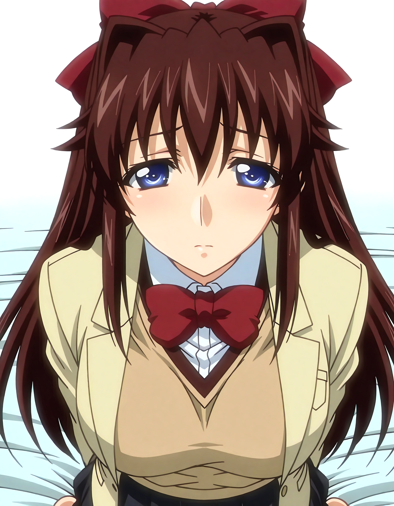 (1girl, solo:1.3), (2girls, 3girls, 4girls, multiple girls, 2boys, 3boys, 4boys, multiple boys:-1.5) <lora:Kuonji_Ningyo_Kojin_Jyugyou_-_Mippei_Suisou_Illustrious:0.9>, kuonji_ningyo, large breasts, blue eyes, brown hair, long hair, hair intakes, bangs, hair between eyes, long sidelocks, hair bow, hair ribbon, school uniform, blazer, long sleeves, brown vest, white shirt, red bow, open jacket, pleated skirt, black skirt, shy, (half-closed eyes:0.7), general, contrapposto, dynamic pose, arms behind back, upper body, from behind, pov, , (close-up, face focus:1.2), indoors, hotel room, double bed, on bed, lying, (white theme:1.3), window, tall window, ocean view, curtains, plant, potted plant, flower, (perspective:0.7), barefoot, <lora:NOOB_EPSv1_1_detailer_by_vlnvk_v1_0:1.5>, (photo background:0.7), evening, (tachibana yuu:0.6), inue shinsuke, (kazuma muramasa:0.0), saikawa yusa, (aoi manabu:0.6), abarerumidori, (suzui narumi:0.6), masterpiece, newest, absurdres, 8K, anime screenshot, anime coloring, flat color, official art, film grain, <lora:illustriousXLv01_stabilizer_v1.185c:0.7>, <lora:LECO_Solo:-4.0>,