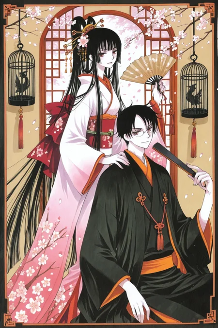 Watanuki Kimihiro,Ichihara Yuko,1girl,1boy,japanese clothes,black hair,kimono,glasses,hair ornament,hand fan,long hair,cage,red eyes,hime cut,traditional media,cherry blossoms,
<lora:xxxHOLiC_illustriousXL:0.9>,