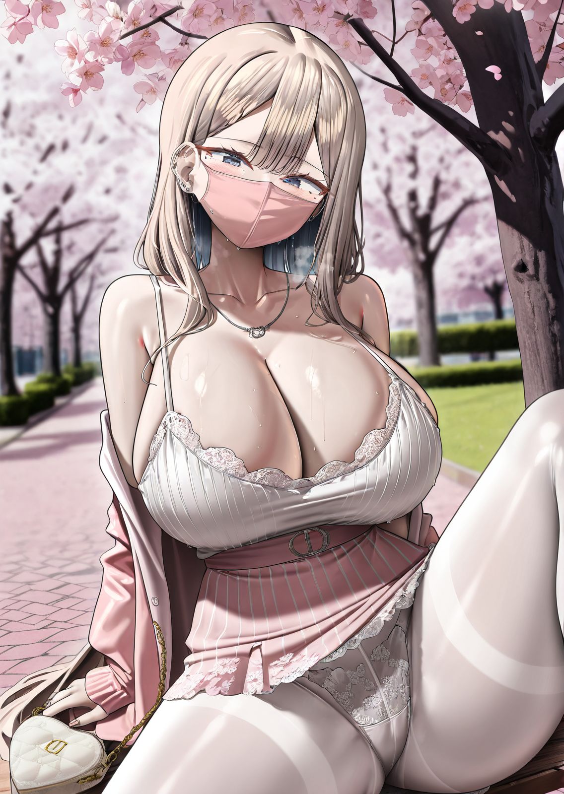 masterpiece,best quality,amazing quality,very aesthetic,absurdres,newest, huge filesize,
<lora:spo_sdxl_10ep_4k-data_lora_webui:0.5>,official art,
<lora:add-detail-xl:1>
spread legs,  sexy panties,
<lora:KUSE_style:0.8> kuse, half  long hair, 
1girl,kuse, pink mouth mask, sitting,  park, white dress, Blurred Background,
breasts,light brown hair,  white camisole, Vertical-striped camisole,
blue eyes, open jacket, bare shoulders,  ,white heart bag,
skirt,  cherry blossoms, tree,  pink jacket, looking at viewer,
lace print skirt,pink skirt,  huge breasts,
mole,jewelry,white pantyhose,
bangs,k_white,
Without a hairband,
No hair ties,
Without hair accessories,
No ribbons or bands in the hair,
Without any headbands or ties.