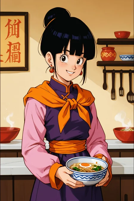 zPDXL3, <lora:chichi_pony_v2:.5>,
chi-chi, bangs, black hair, sidelocks, hair bun, black eyes, single hair bun, earrings, orange neckerchief, purple dress, pink sleeves, looking at viewer, smiling, mouth open, standing, inside kitchen, holding bowl of soup, ramen, steam, soft lighting,