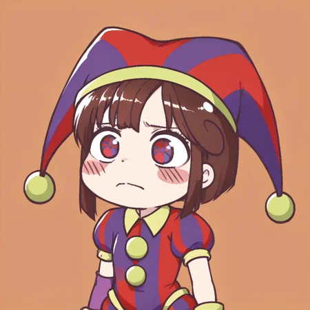 score_9, score_8_up,score_7_up,score_6_up, source_anime, chibi, frown, worried, pomni, 1girl, colored skin, blush stickers, jester cap, striped clothes, puffy short sleeves, mismatched gloves, puffy shorts, circus background
