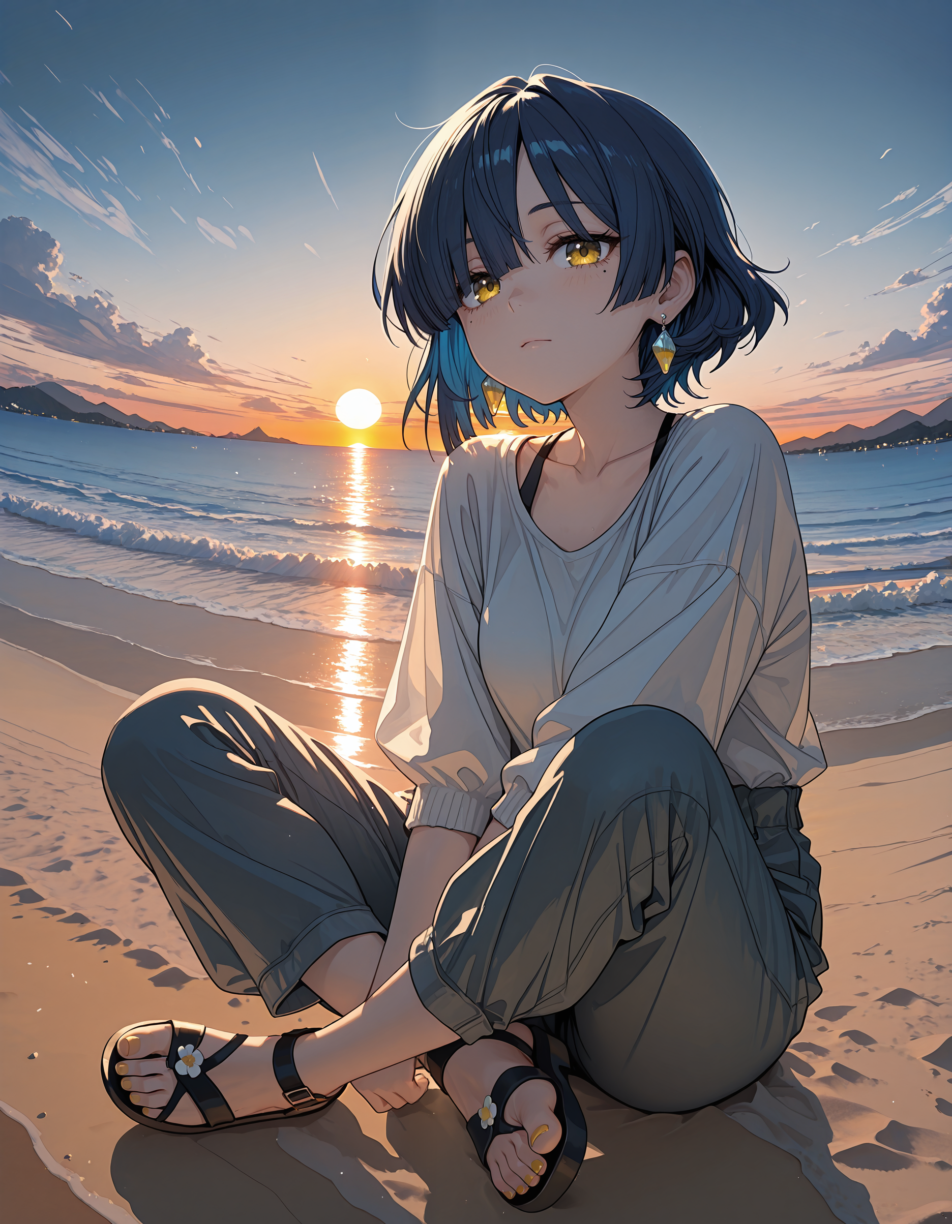 re4lity_sync_illu,
1girl, sitting, solo, pants, mole under eye, mole, outdoors, sunset, short hair, blue hair, sandals, jewelry, ocean, earrings, yellow eyes,sand,beach, landscape, sunrise, toenails, toes, 
,masterpiece,best quality,absurdres,incredibly absurdres, <lora:re4lity:1>,fisheye,