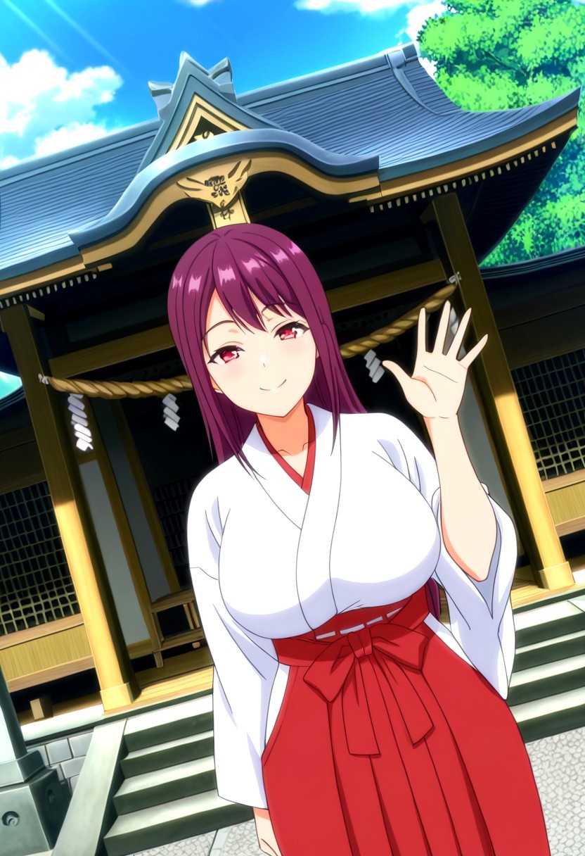 general,highres, ultra-detailed,very aesthetic,best quality ,best hands,best eyes,easynegative,
dynamic angle, dutch angle, anime cloring,anime screencap,
1girl solo,looking at viewer,shrine,outdoors, smile, standing, waving hand ,
 Shizuka,purple hair, long_hair, red eyes, huge_breasts,miko costume,