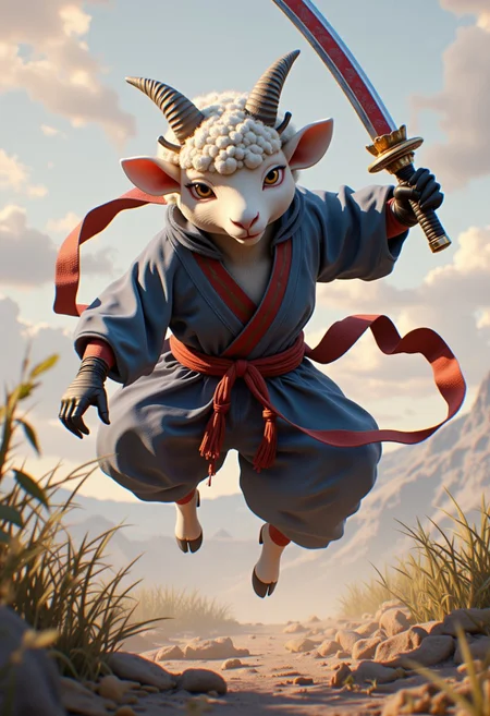 anthropomorphic Lamb ninja warrior leaping about wielding hi samurai sword.