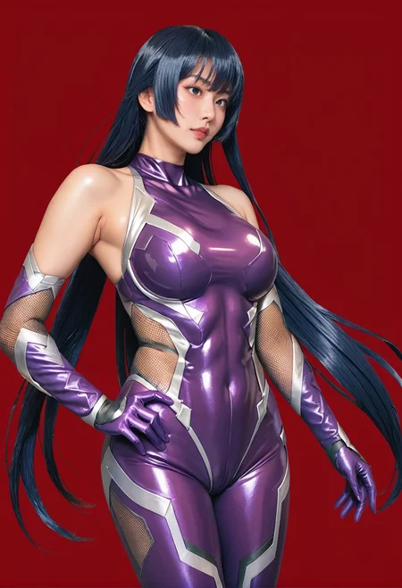 1girl,red background,ruanyi0936,taimanin suit,cowboy shot,bare shoulders,purple bodysuit,elbow gloves,long hair,,<lora:0936 Asagi Igawa (taimanin suit)_v1_pony:1>, score_9,score_8_up,score_7_up,,8k,1girl,solo,,