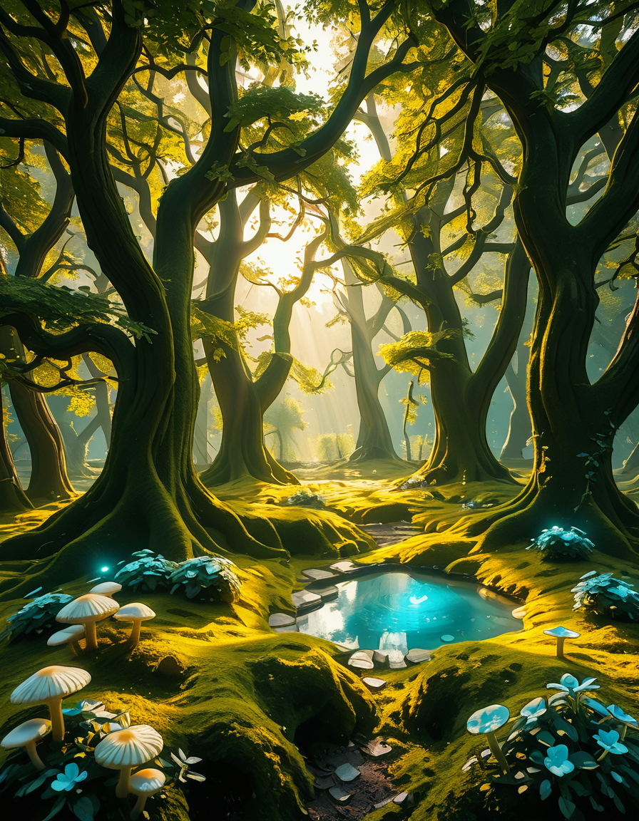 A mystical enchanted forest bathed in a soft, ethereal glow. Towering ancient trees with twisted roots and bioluminescent moss create a dreamlike atmosphere. The air is filled with a faint, magical mist that swirls gently around vibrant, oversized mushrooms and glowing blue and purple flowers. Delicate fireflies and tiny floating orbs of light hover in the air, illuminating the dense foliage with a magical shimmer. A narrow, winding path covered in soft moss leads deeper into the mysterious woodland, where faint beams of golden sunlight filter through the thick canopy, casting intricate patterns on the forest floor. The colors are rich and vibrant, with deep emerald greens, soft blues, and glowing purples creating a surreal and otherworldly ambiance. The scene is highly detailed and photorealistic, capturing the textures of the moss-covered tree trunks, the luminescent flora, and the misty, dreamlike atmosphere of the enchanted forest.
<lora:SDXLFaeTastic2400:0.4> <lora:extremely_detailed:0.4> extremely detailed,<lora:3nch4nt3d_f0r3st-ill:1>,3nch4nt3d f0r3st, Masterpiece,best quality,hi res,8k,hi res,8k,award winning,(sharp focus, intricate, highly detailed),