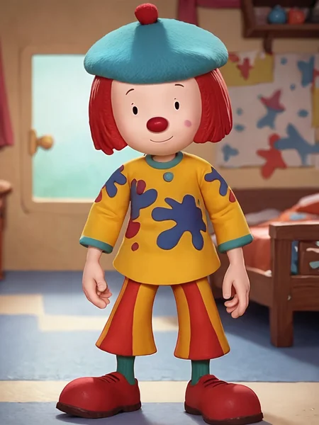 score_9, score_8_up, score_7_up, BREAK, J0J0T1ckl3, solo, red hair, red nose, black eyes, beret, yellow shirt, print shirt, red pants, striped pants, red footwear, green socks, smile, looking at viewer <lora:JoJo_Tickle:1>