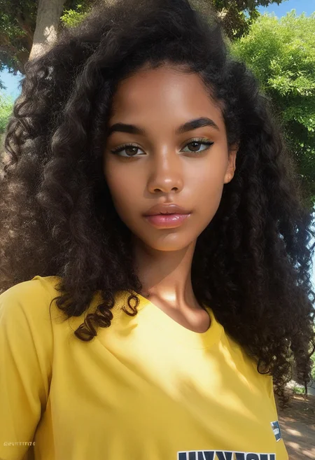 score_9, score_8_up, score_7_up, score_6_up, LTNGRL, Latina girl, 1girl, solo, realistic, yellow shirt, dark-skinned female, lips, black hair, shirt, curly hair, looking at viewer, long hair, upper body, tree, brown eyes, nose, day, outdoors, black eyes, swarthy skin
