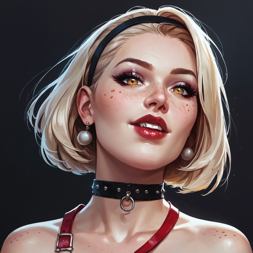 score_8_up, score_7_up, score_6_up, score_9, score_9, score_8_up, score_7_up, score_6_up, raw, 1girl, mature, solo, (cat eyes,) blonde hair, ((bob_cut)), straight hairs, hair band, grin, (fangs), long nails, red leash, excited look, (orgasmic look), [[yellow eyes]], freckles on face, freckles on shoulders, red makeup, average breasts, ((cleavage)), (looking at viewer), ((bdsm bands)), black choker, (((pitch black background))), ((lips focus)), close view, low view, side view, ((dark)), lack of light, ((focused light)), <lora:Lunas-K3nnyn3v-SDXL-A1:1> <lora:KrekkovXL:1> <lora:hutagoXL:1>