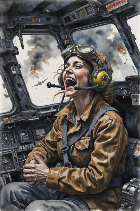 yawc1 watercolor. a female pilot screaming inside the cockpit of a WWII bomber. The pilot, wearing a vintage leather flight helmet with goggles and a brown bomber jacket, grips the controls with white-knuckled hands. Her face is contorted in a mix of fear and determination as she yells, her eyes wide with adrenaline. The cockpit is cramped and filled with old-fashioned dials and gauges, with the outside view showing dark stormy clouds and distant anti-aircraft fire. The scene is lit by the eerie glow of the instrument panel, casting harsh shadows across her face, emphasizing the intensity and danger of the moment. High contrast, dynamic composition, gritty and realistic, with a cinematic feel. <lora:yawcolor_nocap1_d4a2:1.0> <lora:Flux-Sch-SingleBlocks-BF16:1.0><lora:799523594251230899:0>