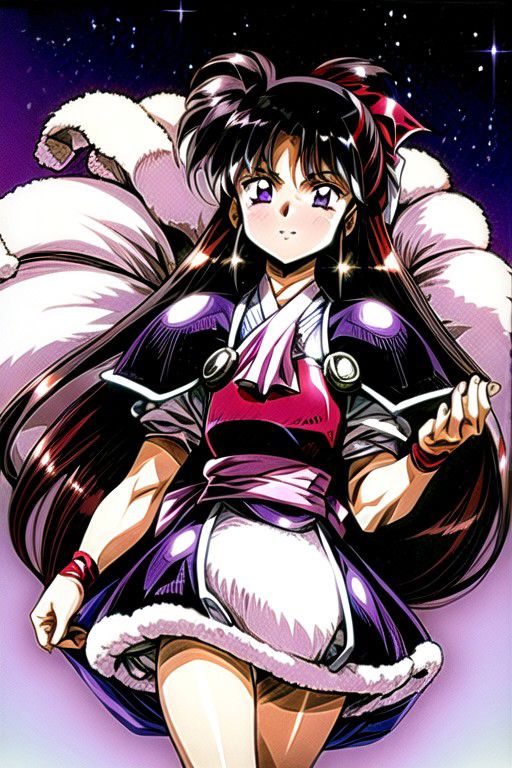 best quality 1girl Setsun4 solo long hair,  (night time) forest background black hair very long hair purple eyes multicolored hair armor, small, (fur trim) (medium body),<lora:EMS-179-EMS:0.800000>,<lora:EMS-293862-EMS:0.800000> bow, hair_bow, hair_tubes, red_bow, brown_hair, long_hair, bangs, ascot, frilled_bow, yellow_ascot, blush, smile, hair_between_eyes, athletic, armor, miko, strengthmda,  Smiling, happy, helmet