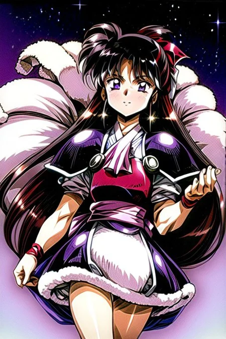 best quality 1girl Setsun4 solo long hair, (night time) forest background black hair very long hair purple eyes multicolored hair armor, small, (fur trim) (medium body),<lora:EMS-179-EMS:0.800000>,<lora:EMS-293862-EMS:0.800000> bow, hair_bow, hair_tubes, red_bow, brown_hair, long_hair, bangs, ascot, frilled_bow, yellow_ascot, blush, smile, hair_between_eyes, athletic, armor, miko, strengthmda, Smiling, happy, helmet