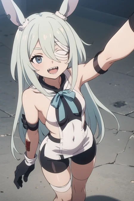 1girl, <lora:Monica:0.8>, monica, :D, sharp teeth, gloves, bandage over one eye, tabard, bike shorts, bandaged leg, from above, standing,