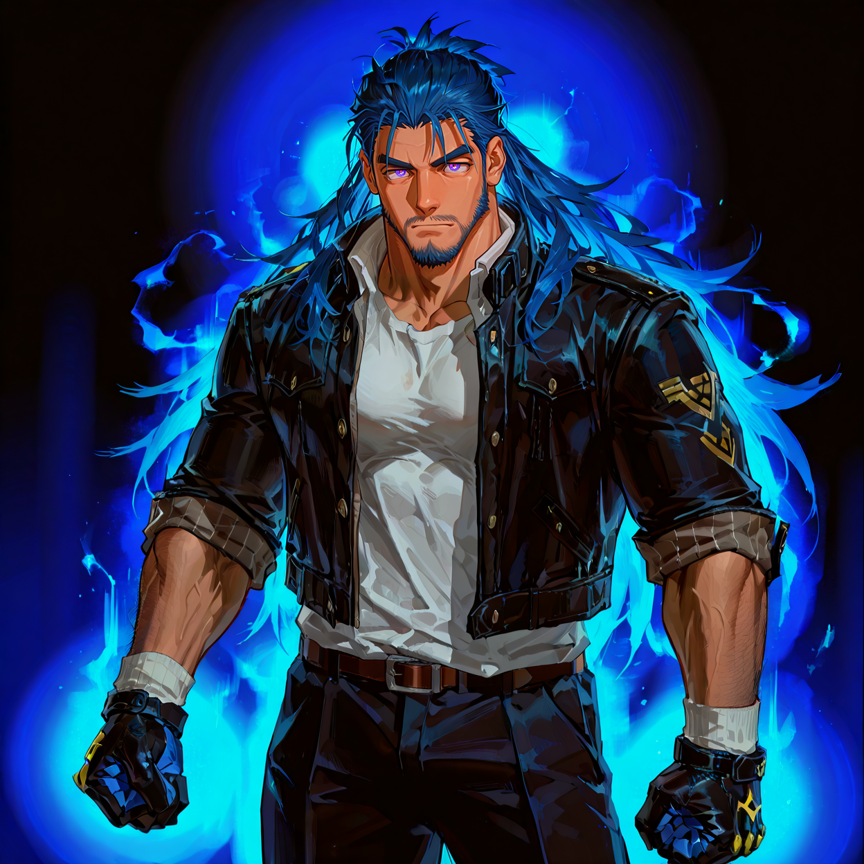 <lora:Kevin__Alchemist_Code:.7>, tagatamekevin, kevin_blue hair, kevin_purple eyes, 1boy, long hair, solo, male focus, manly, bara, mature male, muscle body, jacket, shirt, pants, bandages, gloves, sleeves rolled up, socks, shoes,
cowboy shot, 
male focus, muscular male, muscular male, bara, mature, facial hair, beard, full beard, sideburn, mustache, stubble,), facial hair, bara, mature, body hair, aixiwuganda_(20222192), very awa, masterpiece, best quality, absurdres, newest, perfect quality, detailed background, intricate details,, <lora:slider_Body Type_alpha1.0_rank4_noxattn_last:2><lora:Anime Summer Days 2 Style SDXL_LoRA_Pony Diffusion V6 XL:.6><lora:merged:.7>, DARK, DARK BACKGROUND, LOW-KEY LIGHTING <lora:slider_cfg_scale_boost:.7><lora:Artist6p:.55>, Artist6p, Artist04p,<lora:slider_il_brightness_slider_d1:-1><lora:slider_il_contrast_slider_d1:-.45>,<lora:slider_contract_controller_illus01_v1:.5>, <lora:addon_illustriousXLv01_stabilizer_v1.121:.5>