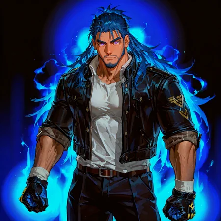 <lora:Kevin__Alchemist_Code:.7>, tagatamekevin, kevin_blue hair, kevin_purple eyes, 1boy, long hair, solo, male focus, manly, bara, mature male, muscle body, jacket, shirt, pants, bandages, gloves, sleeves rolled up, socks, shoes,
cowboy shot, 
male focus, muscular male, muscular male, bara, mature, facial hair, beard, full beard, sideburn, mustache, stubble,), facial hair, bara, mature, body hair, aixiwuganda_(20222192), very awa, masterpiece, best quality, absurdres, newest, perfect quality, detailed background, intricate details,, <lora:slider_Body Type_alpha1.0_rank4_noxattn_last:2><lora:Anime Summer Days 2 Style SDXL_LoRA_Pony Diffusion V6 XL:.6><lora:merged:.7>, DARK, DARK BACKGROUND, LOW-KEY LIGHTING <lora:slider_cfg_scale_boost:.7><lora:Artist6p:.55>, Artist6p, Artist04p,<lora:slider_il_brightness_slider_d1:-1><lora:slider_il_contrast_slider_d1:-.45>,<lora:slider_contract_controller_illus01_v1:.5>, <lora:addon_illustriousXLv01_stabilizer_v1.121:.5>