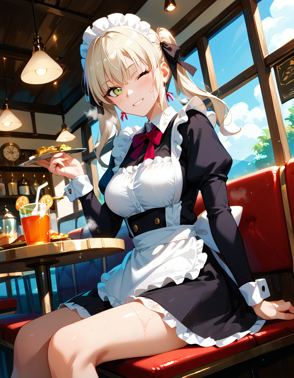 (masterpiece, best quality), absurdres, (masterpiece), best quality, game cg, absurdres, anime style, newest, score_9_up, score_8_up, score_7_up, score_6_up, score_5_up, score_4_up, score_3_up BREAK (masterpiece, best quality), absurdres, long eyelashes, BREAK <lora:Maid_Chloe_Energetic_Maid_from_Epic_Seven:1>, maid_chloe_alter very detailed, cowboy shot, dutch angle, cafe, sitting, smile, wink, medium breasts, scenery, score_9_up,, score_9_up,, very aesthetic, source_anime,, dirty, wet body, sweat, steaming body, dirty anime style
