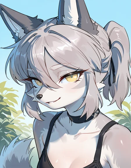 masterpiece, best quality, very aesthetic, absurdres,
outdoors,
upper body,
seductive smile, parted lips, long eyelashes,
<lora:Seraya_v01_NAIXL:1>
S3ray4,1girl,solo,furry,furry female,wolf girl,wolf ears,short hair,grey hair,ponytail,hair between eyes,long sidelocks,yellow eyes,snout,animal nose,choker,body fur,two-tone fur,grey fur,white fur,wolf tail,