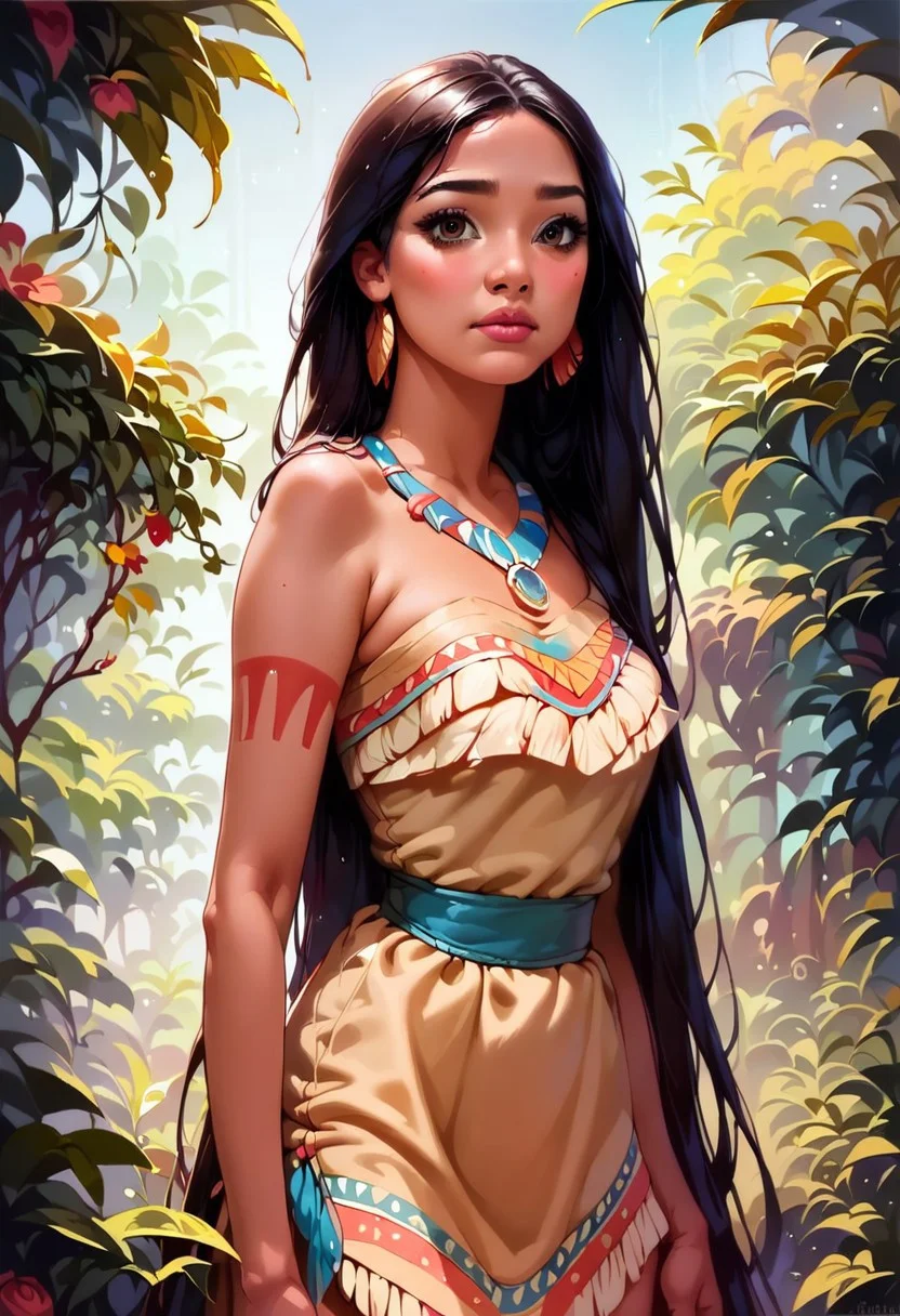 score_9, score_8_up, score_7_up, score_6_up, score_9, score_8_up, score_8, 
(best quality:1.1), (masterpiece:1.2), (realistic:1.2), (detailed:1.1), (highres, best quality:1.2), 
{1girl, Pocahontas, Native American girl, black long hair, tribal, dress, Native American clothes, native american dress, eyelashes, cute, ((18 years old)), Slim girl, narrow waist, skinny, petite, (curvy), small arms, small legs,}
 pretty girl with long hair, eye contact, looking at viewer, source_anime, traditional art, lineart, rating_safe, curvy