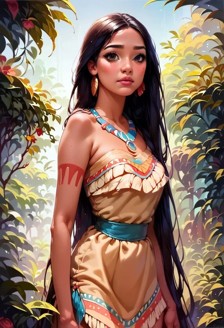 score_9, score_8_up, score_7_up, score_6_up, score_9, score_8_up, score_8,
(best quality:1.1), (masterpiece:1.2), (realistic:1.2), (detailed:1.1), (highres, best quality:1.2),
{1girl, Pocahontas, Native American girl, black long hair, tribal, dress, Native American clothes, native american dress, eyelashes, cute, ((18 years old)), Slim girl, narrow waist, skinny, petite, (curvy), small arms, small legs,}
pretty girl with long hair, eye contact, looking at viewer, source_anime, traditional art, lineart, rating_safe, curvy