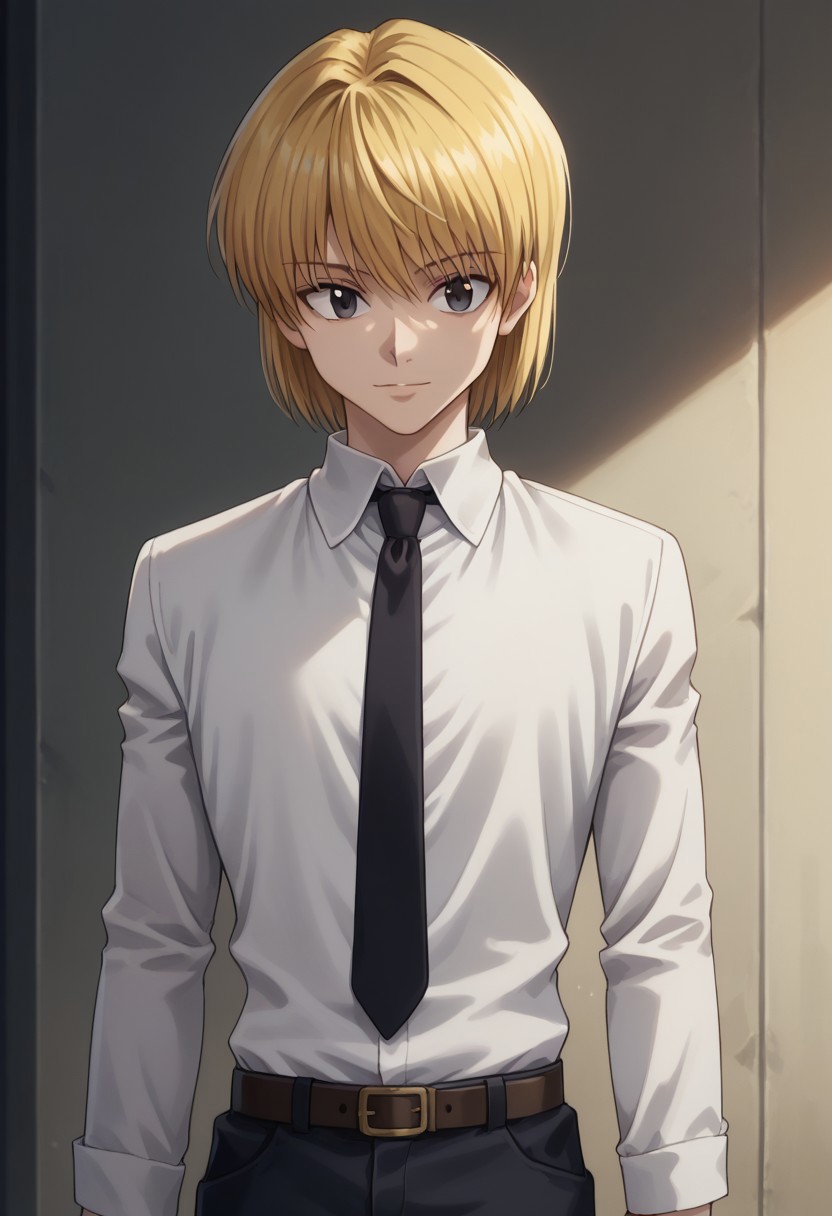 score_9, score_8_up, score_7_up, source_anime, highly detailed, 
kurapika, 1boy, male focus, solo, blonde hair, bangs, medium hair, alternate hairstyle, black eyes, suit, black suit, white shirt, collared shirt, necktie, black necktie, belt, black pants, upper body, smile, 
indoor,