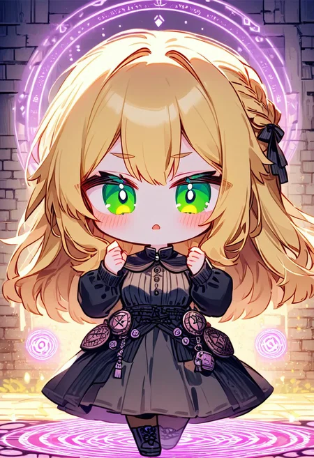 score_9, score_8_up, 8k, ultra-detailed, masterpiece, best quality, beautiful lighting, (best shadow), intricate details, ultra-detailed face, detailed eyes, perfect face, detailed eyes, full body, chibi, 1 girl, long hair, blond hair, Slightly Sad, witch dress, stubble, detailed green eyes, standing in the castle courtyard, arrogant look, flat eyebrows, bloodstains, FlshfrGR, ((magic circles))