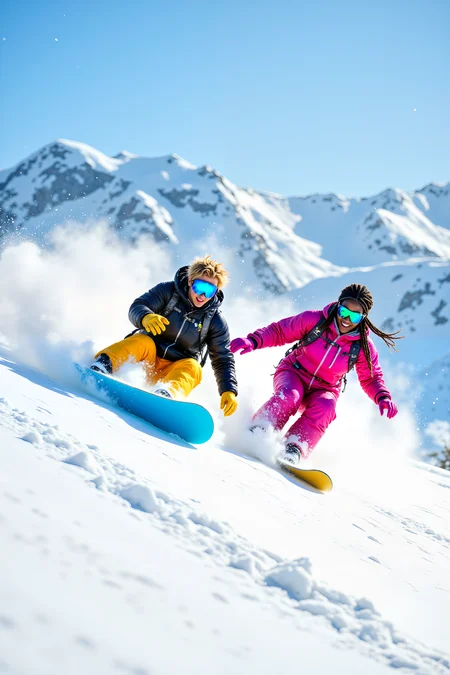 High in the snowy mountains, a pale French man with tousled blonde hair and bright blue snow goggles carves down a pristine slope, his electric-blue snowboard kicking up a trail of fresh powder. Just ahead of him, a South African woman with dark brown skin and long, tightly braided hair laughs as she flips her bright-yellow snowboard mid-air, her magenta snowsuit standing out against the crisp white landscape. The two race down the mountain, their vibrant gear like streaks of color against the endless snowy horizon. <lora:FluxMythR3alisticF><lora:PCB_Image_Enhancer_for_FLUX:0.35>
