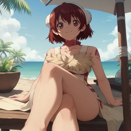 <lora:SlimesYuzuriha:1>, score_9, score_8_up, score_7_up, slimes_yuzuriha, woman, solo, tropical beach background, legs crossed, smiling, feet POV