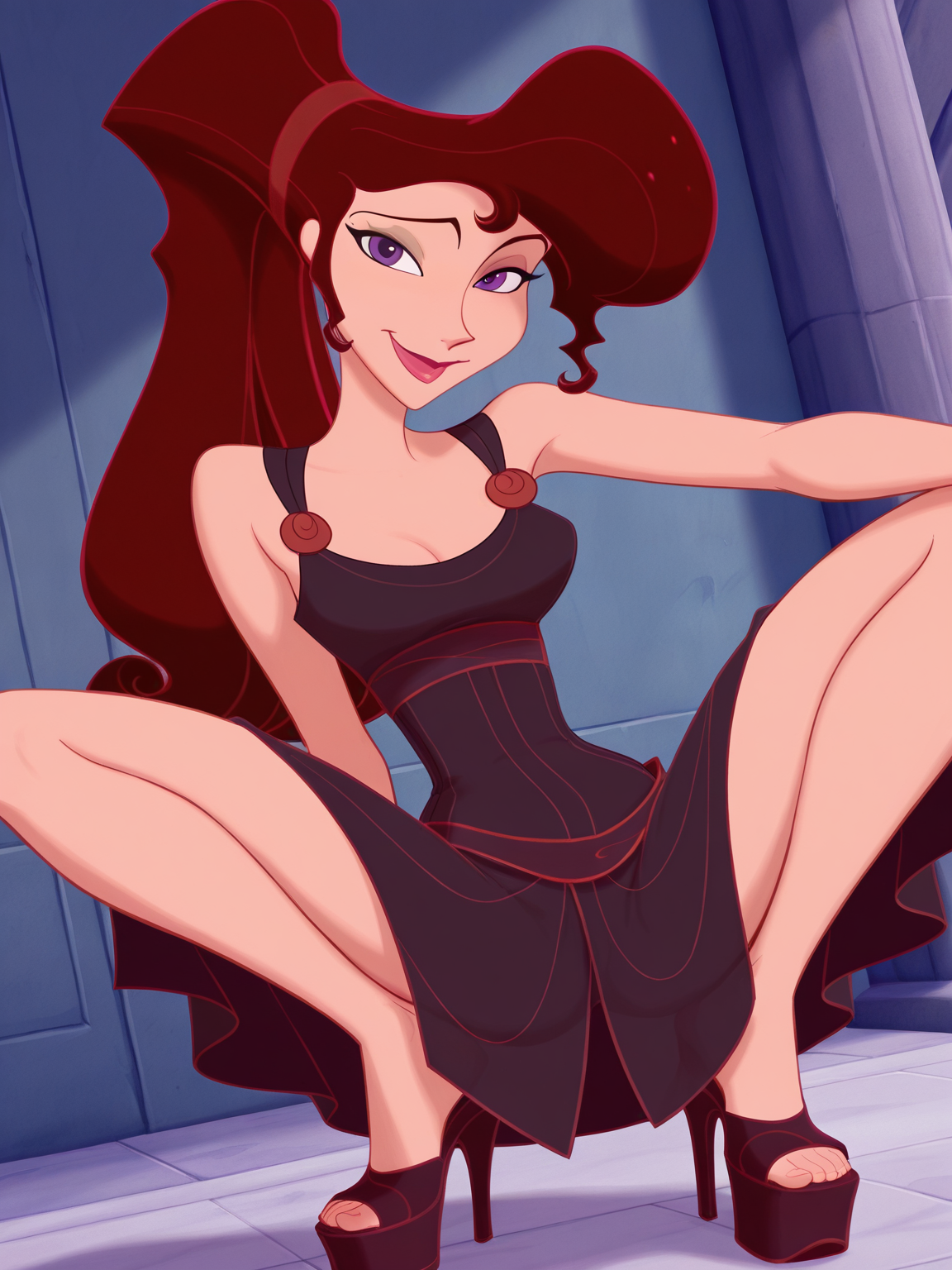 <lora:MegaraIL:0.9> m_ra, 1girl, brown ponytail hair, hair bangs, purple eyes,
looking at viewer, squatting, front view, spreading legs, platform high heels