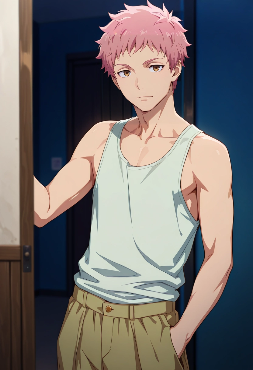 masterpiece, best quality, , , looking at viewer, 1boy, solo, male focus, <lora:renzou_shima_ilxl:0.98>, renzou_shima, pink hair, brown eyes, short hair, , Toile Green Seersucker pants, Sleeveless tank top, , ,
