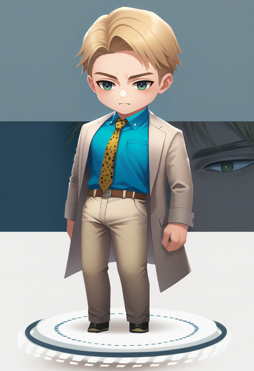 score_9, score_8_up, source_anime, 1boy, solo, chibi, standing, full body, NanamiBase, blonde hair, short hair, grey jacket, yellow necktie, leopard print, blue shirt, collared shirt, grey pants, <lora:ChamKentoNanamiPonyXL:1.0>, <lora:chibi-nikke-richy-v1_pdxl:1.0>