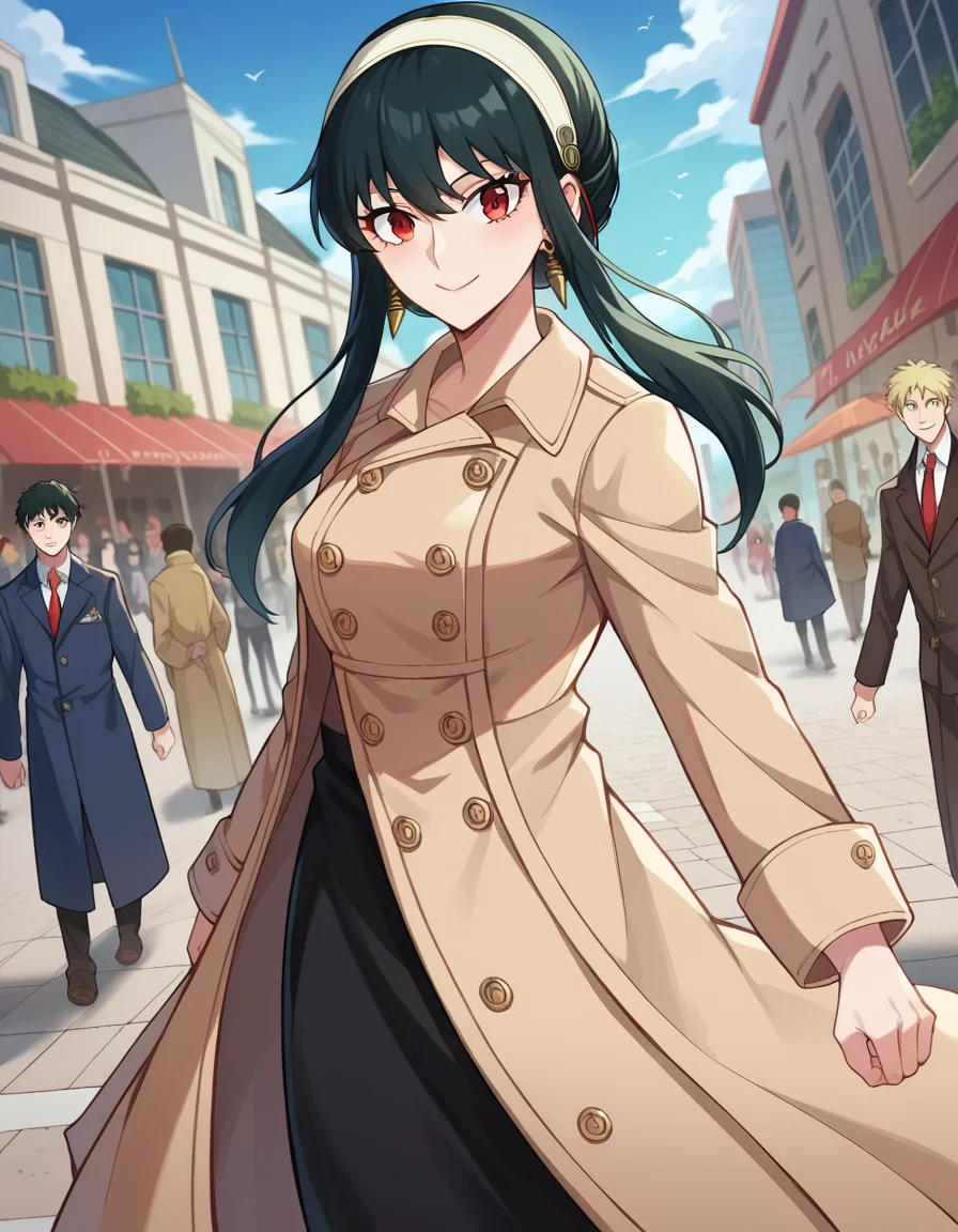 score_9, score_8_up, score_7_up, source_anime,
yorbriar, <lora:yor-briar-ponyxl-lora-nochekaiser:1>,
yor briar, black hair, red eyes, earrings, white hairband, hairband, long hair, sidelocks, smile,
coat, trench coat,
outdoors, cityscape, crowd, people, street,
looking at viewer, cowboy shot, dutch angle, dynamic pose,
