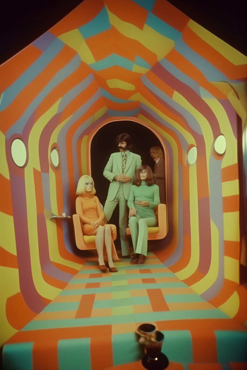 <lora:Victor Moscoso Style:1>Victor Moscoso Style - multidimensional portal,lounge, geometrical, surreal film scene, unnatural, technicolor, 1970s, funhouse, SMC Takumar 35mm f/ 2. 8 c 50