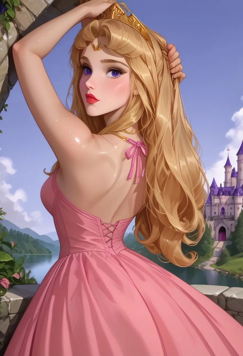 Expressiveh, morimee_style, jsyu_style, 2025. 03, 
((1girl:1.9)), ((solo:1.9)), masterpiece, high quality, ultra detailed, absurdres, cute, excited, white skin, (((pale shiny skin)),((blonde hair:0.9)),((purple sky:1.9)),lake,climbing plant,vegetation,medieval castle,((parted bangs:2.0)),((bare shoulders:1.2)),((AuroraXLP:1.9)),skirt lift,single bare leg,((pink dress:1.9)),princess,((gold tiara:1.9)),((gold necklace:0.9)),<lora:AuroraXLP_character:1.9>,((arms up:1.9)), ((hand in hair:1.9)),((looking back:1.9)), ((from behind:1.9)),