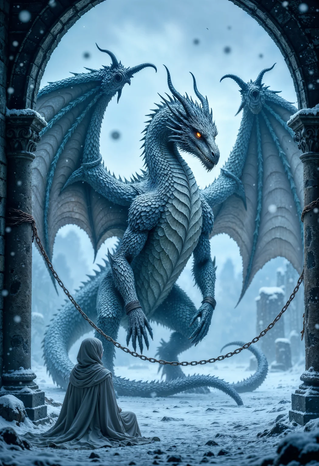a massive ancient white dragon lying in a snowy ruin, wings torn and bound in magical chains, a kneeling girl in a white cloak before it, cold and tragic fantasy, blizzard atmosphere, blue-white icy palette, dramatic lighting, highly detailed scales and snow particles, mythical reverence