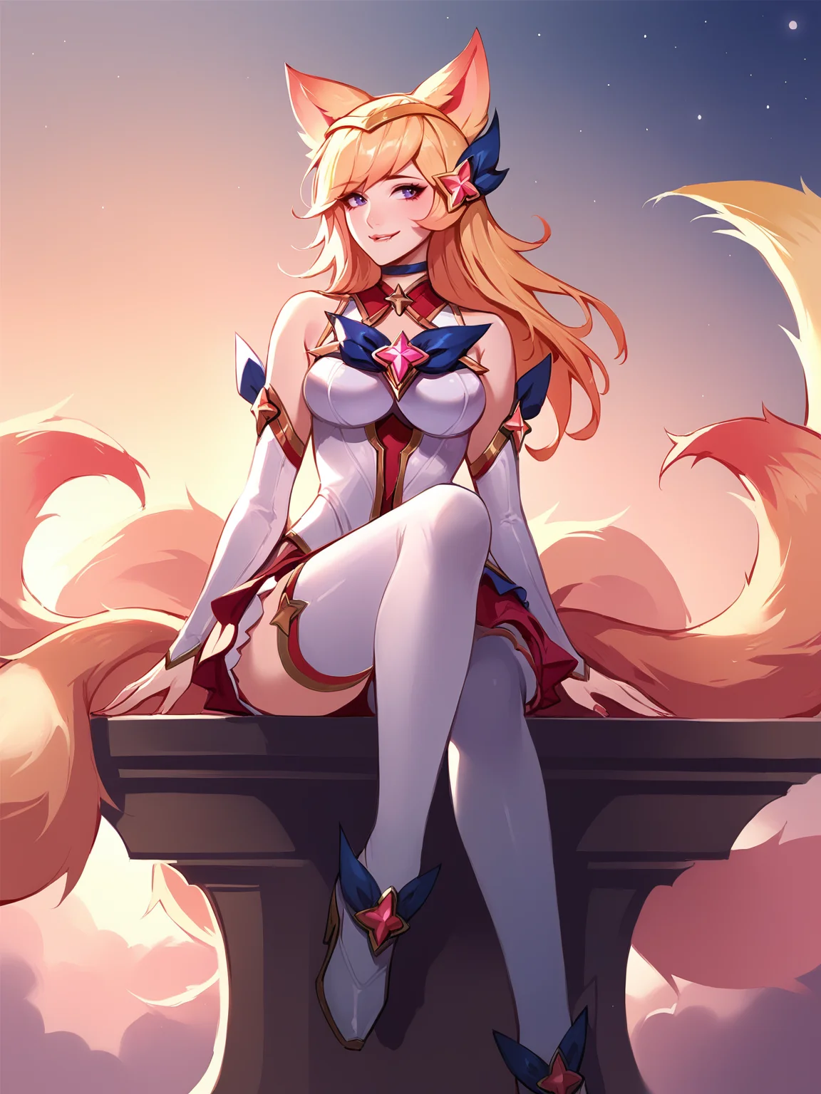 score_9, score_8_up, score_7_up, BREAK, AhriStarGuardian, blonde hair, blonde fox ears, black hairpin, white shirt, bare shoulders, white oversleeve, white red skirt, white stockings, shoes, fox tails, shy smile, looking away, biting lips, sunset, huge stars in the sky, sitting on the seashore <lora:AhriStarGuardian:1>