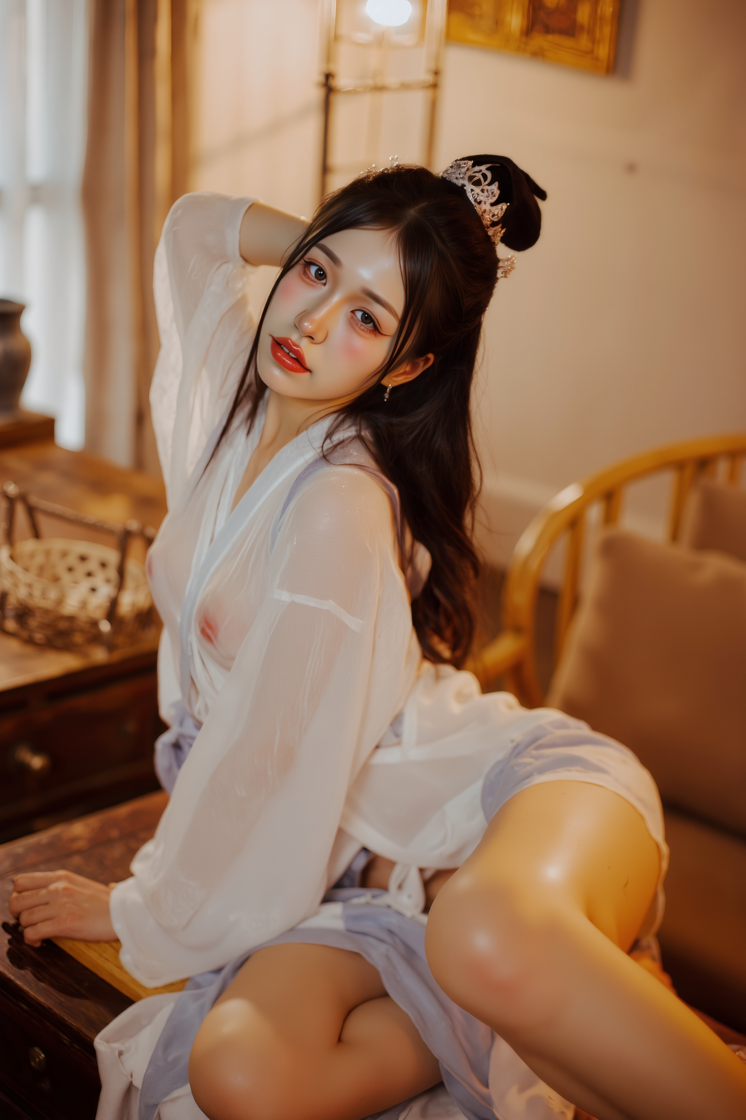 A professional high-resolution photograph of a young woman comfortably positioned on hands and knees, turning her head sideways with a playful, joyful expression directed at the camera. Her back curves gently, adding femininity and liveliness to the pose. Natural, soft lighting complements the casual charm.

She is wearing a white SGWN58Clothing. Her makeup is dramatic, with dark eyeliner and bold, glossy pink lips. 

The lighting features a high-contrast, monochromatic white color scheme that creates a moody, intimate atmosphere. 

The photography technique uses what appears to be soft lighting to create a glamorous effect, with careful attention to highlighting contours while maintaining the dominant light brown color scheme throughout the frame.

The overall aesthetic combines elements of fashion photography, traditional Asian visual motifs, and contemporary boudoir styling. The dramatic light brown lighting creates a cohesive visual theme that ties all elements of the composition together.

The white light emit on her to show her feature.