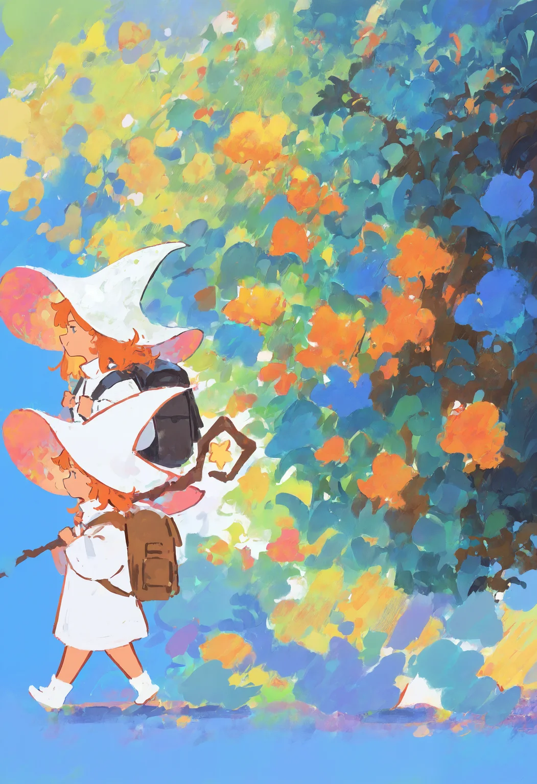 masterpiece, absurdres, newest, very awa, very detailed painting \(medium\), impressionism, 2girls, solo, witch hat, white headwear, white robe, ginger hair, holding staff, witch staff, backpack, close-up, face focus, blue background, walking, simple background, side view, <lora:mengxuanliart:0.8>