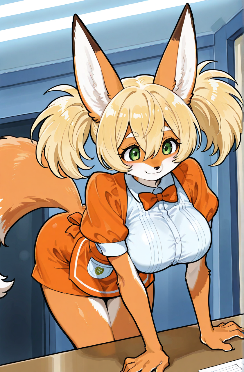 (anthro fox girl:1.5),blonde,twintails,green eyes,dynamic pose, large breasts, perspective
hair between eyes,zPDXL3,solo, orange waitress uniform, light smile
<lora:Perfect Hands:1> <lora:age_slider_v4:-1>
<lora:Tezuka_Osamu:0.9>tezuka osamu, score_9, score_8_up, score_7_up, score_6_up, score_5_up, score_4_up,zPDXL
