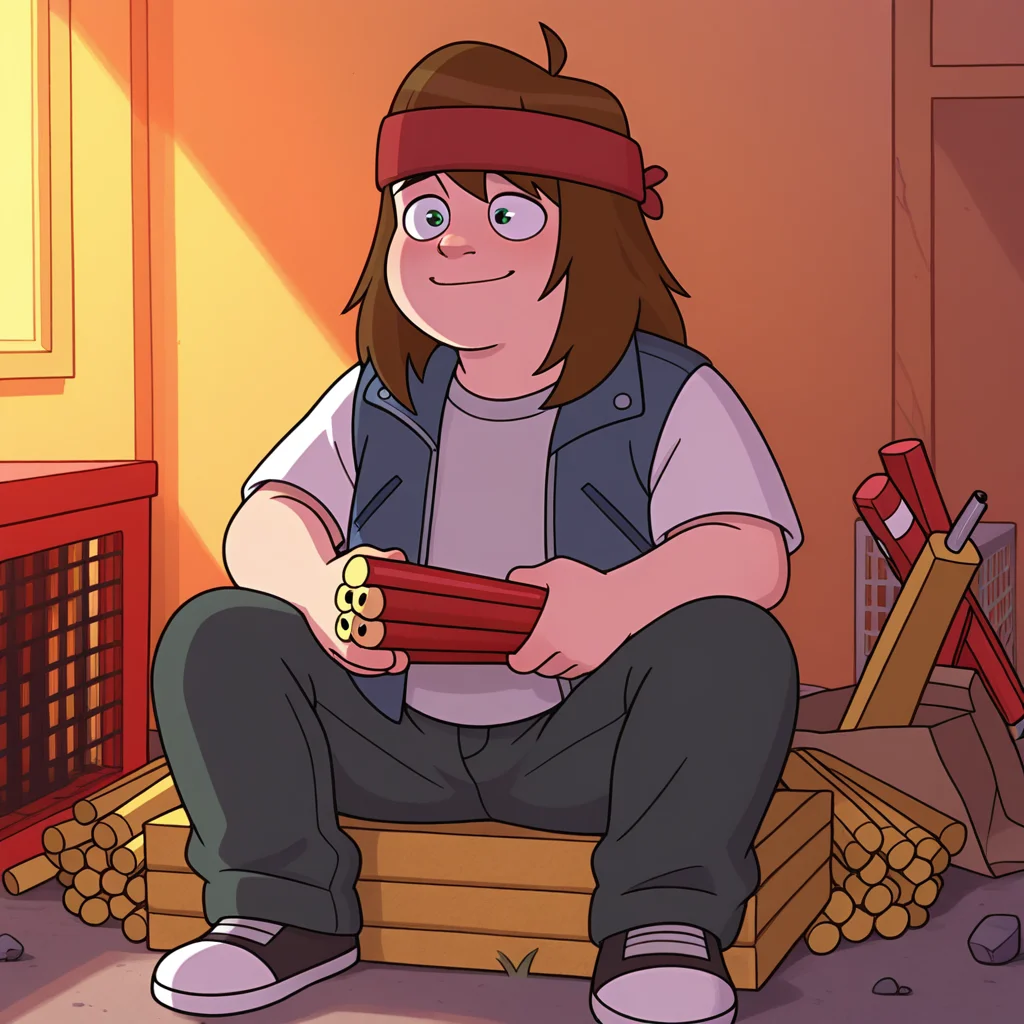 masterpiece, colorful, vibrant, very aesthetic, amazing_quality, <lora:chainsaw-10:0.9> hoi-chainsaw, 1boy, male focus, (aged_down:0.5), plump, red hairband, (toon \(style\):0.5), sitting, holding dynamite, light smile,