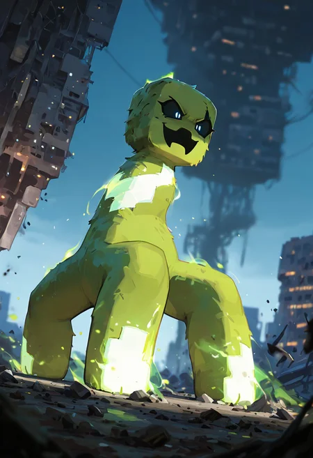 masterpiece, best quality, amazing quality, very aesthetic, absurdres, newest, , detailed background,
movie scene, cinematic scene, cinematic, foreground blur, depth of field,
crpr, no humans, full body, pokemon (creature), open mouth, black sclera, black mouth, green skin
smile, angry, aura, white glowing skin, white patches, glowing patches, glowing skin patches, white skin patches, from below, destroyed city,