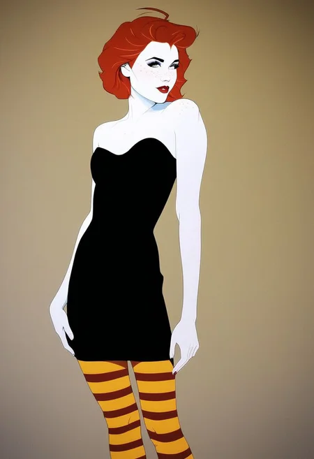 score_9, score_8_up, score_7_up, score_6_up, score_5_up, 1girl, 25 years old, medium breasts, (white skin:1.2), freckles, long eyelashes, thin black eyebrows, short hair, red hair, ahoge, cute, strapless dress, lacy black dress, red and yellow striped tights, model posing, gothic manor hallway, etpzzgl, flat color, vector art, 1980s vibes