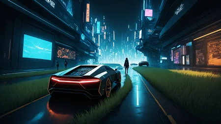 <lora:WallpaperFusionXL:0.8> Wallpaper Fusion, 1boy, 1girl, brown hair, car, city, cyberpunk, from behind, grass, ground vehicle, hood, hood down, jacket, motor vehicle, outdoors, road, short hair, sign, cinematic angle, foreshortening, dark, dark background, masterpiece, best quality