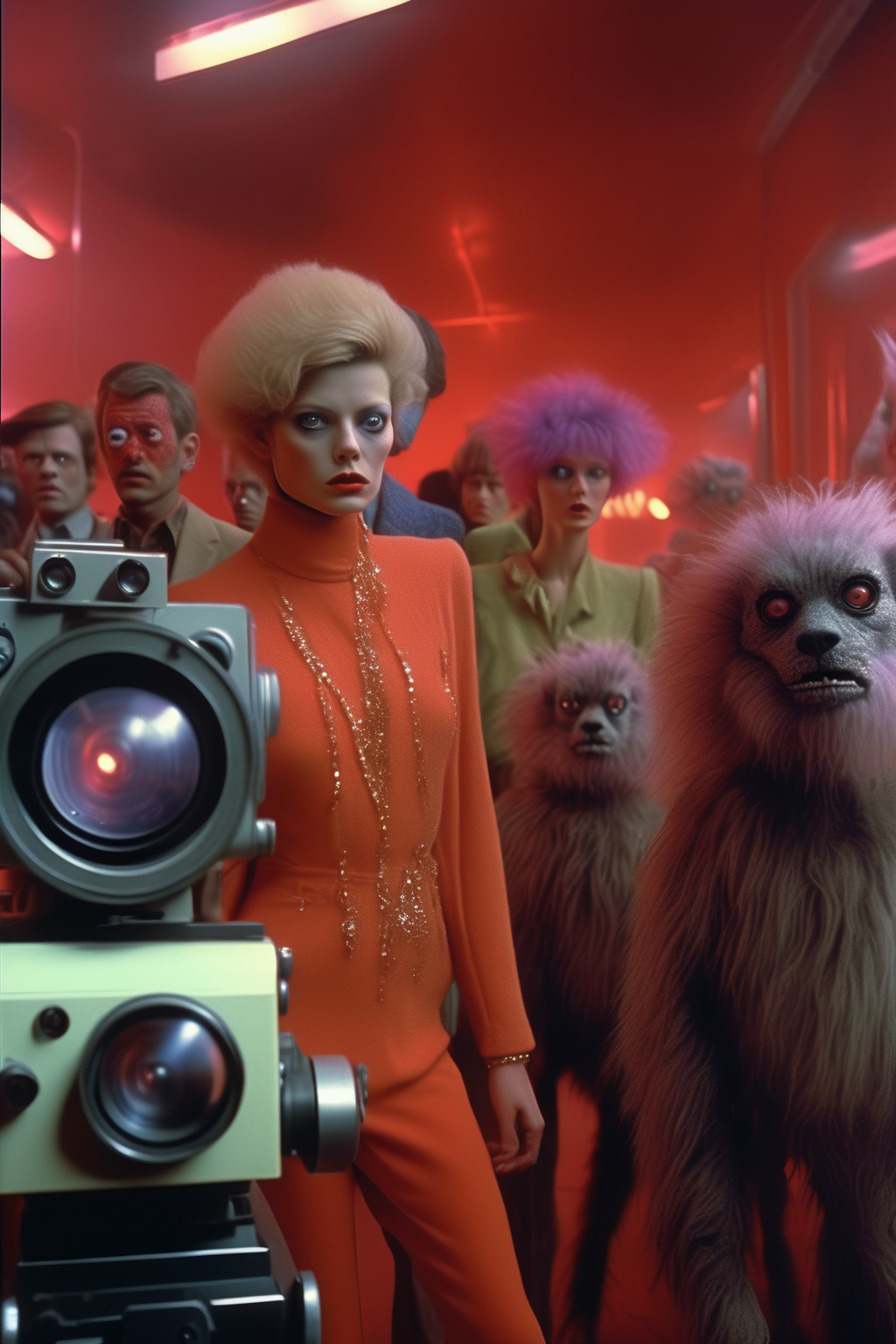 <lora:Director Rainer Werner Fassbinder style:1>Director Rainer Werner Fassbinder style - Still, 60 people trying to hunt in room, panic, robots & aliens, photo journalism, photorealism, ultra-real skin, ultra-real hair, vibrant colors, panavision super r200 movie style, asymmetric, intricate details, random pose, wide photography, medium shot, hyper detail,