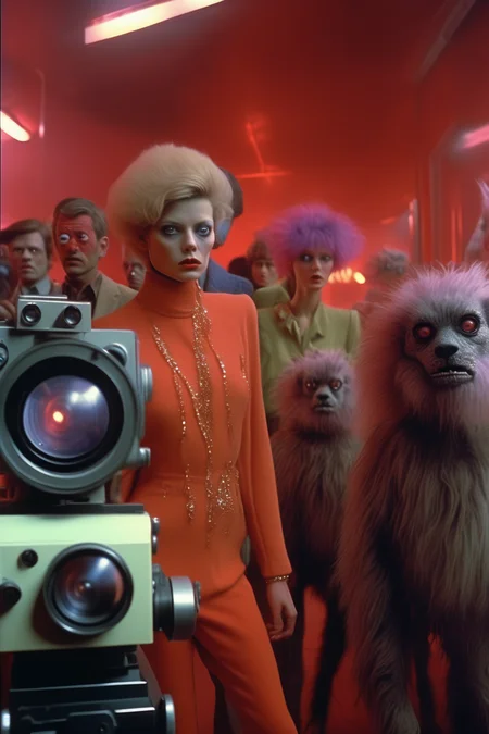 <lora:Director Rainer Werner Fassbinder style:1>Director Rainer Werner Fassbinder style - Still, 60 people trying to hunt in room, panic, robots & aliens, photo journalism, photorealism, ultra-real skin, ultra-real hair, vibrant colors, panavision super r200 movie style, asymmetric, intricate details, random pose, wide photography, medium shot, hyper detail,