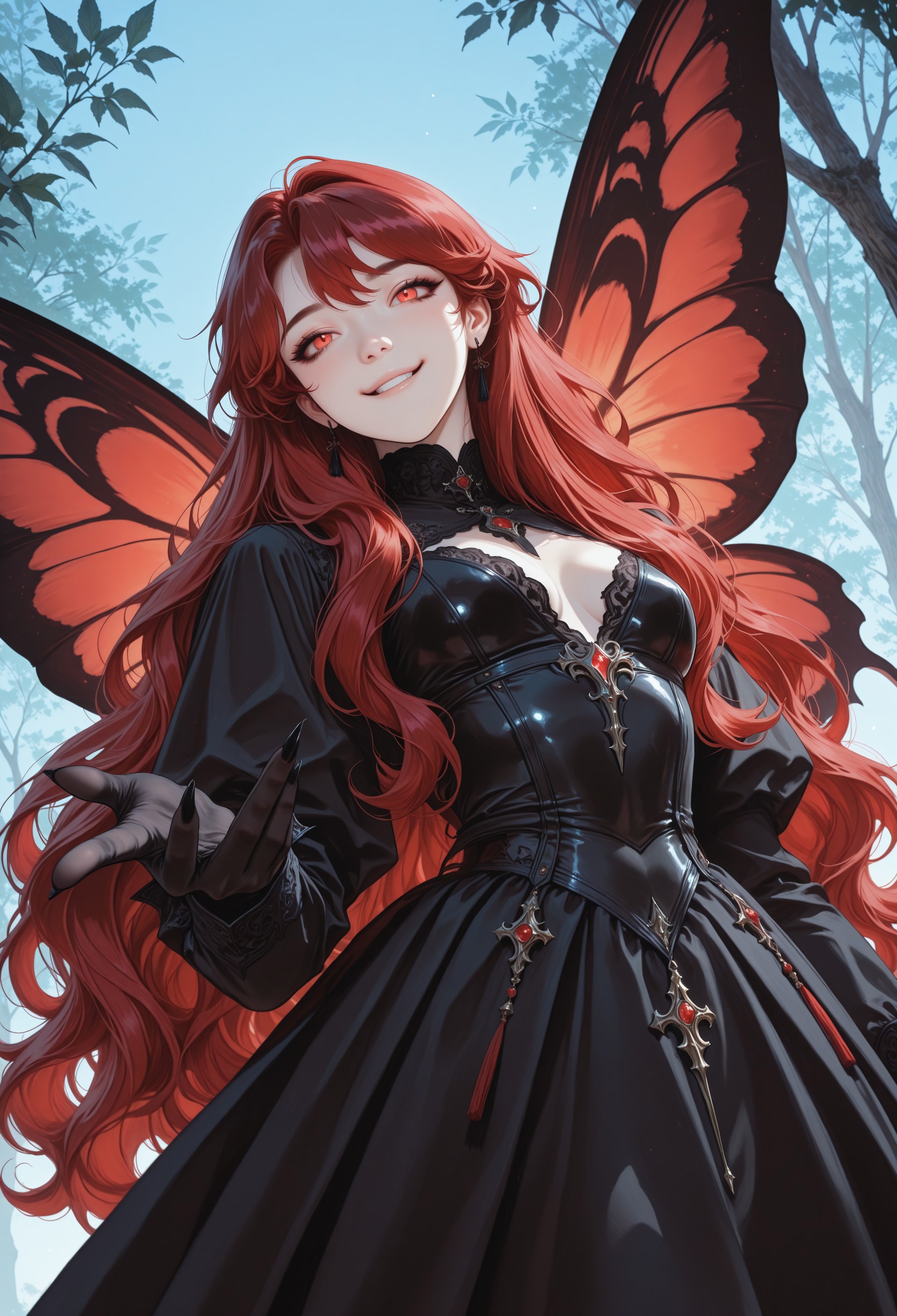 solo, dark red hair, bright red eyes, very long hair, smile, smug, small breasts, black dress, fairy, black and red wings, korean woman, garden background, Mino Han, wavy hair, sleeves, turtleneck, majestic, (shiba eyebrows), feline pupils, bold, black gloves, armor, black long nails, (photorealistic:1.0), manhwa, source_anime, eyelines, black makeup, elegant hairstyle, (korean:1.4), sexy, cool pose, teasing, dynamic pose, flying, jumping, booru, (source_manhwa:2.0), (surreal:1.4), upper body portrait, day, blue sky, painterly, best quality, amazing quality, intricate detail, highly detailed, newest, highres, 8K, HDR, best quality, absurdres, high quality, dynamic composition, best quality, vibrant colors, holographic colors, gradient colors, foreshortening, glamour shot