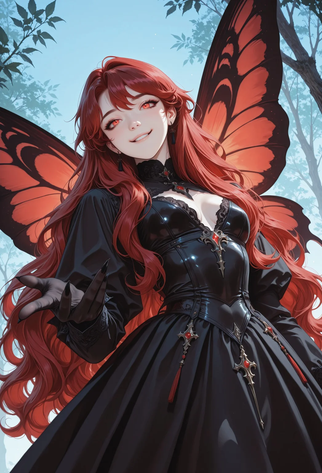 solo, dark red hair, bright red eyes, very long hair, smile, smug, small breasts, black dress, fairy, black and red wings, korean woman, garden background, Mino Han, wavy hair, sleeves, turtleneck, majestic, (shiba eyebrows), feline pupils, bold, black gloves, armor, black long nails, (photorealistic:1.0), manhwa, source_anime, eyelines, black makeup, elegant hairstyle, (korean:1.4), sexy, cool pose, teasing, dynamic pose, flying, jumping, booru, (source_manhwa:2.0), (surreal:1.4), upper body portrait, day, blue sky, painterly, best quality, amazing quality, intricate detail, highly detailed, newest, highres, 8K, HDR, best quality, absurdres, high quality, dynamic composition, best quality, vibrant colors, holographic colors, gradient colors, foreshortening, glamour shot