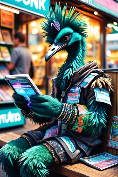Detailed digital illustration of an anthro Emu (Resting on elbows, relaxed charm) at a Augmented reality newsstands with holographic headlines, <lora:xl_more_art-full_v1:0.5>,  <lora:anthro_muscular:0.7>,  <lora:MJ52:0.6>, <lora:madpunk:0.4> madpunk