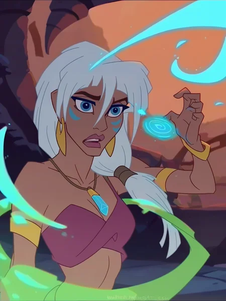 <lora:Kida:0.7> ki_da, 1girl, wihte hair, blue eyes, gold earring, pendant, mage, magic, epic pose, score_9, score_8_up, score_7_up,